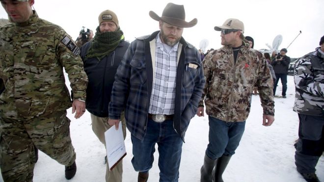 Ammon Bundy departs after addressing the media at the Malheur National Wildlife Refuge near Burns, Oregon, in this January 4, 2016 file photo.