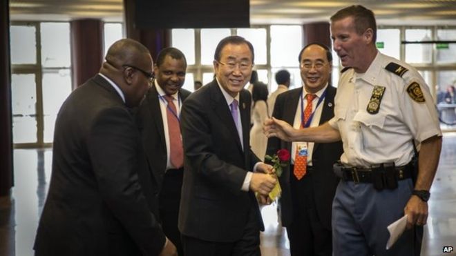 United Nations Secretary-General Ban Ki-moon, centre, arrives for the opening of The Third International Conference on Financing for Development, held in Addis Ababa