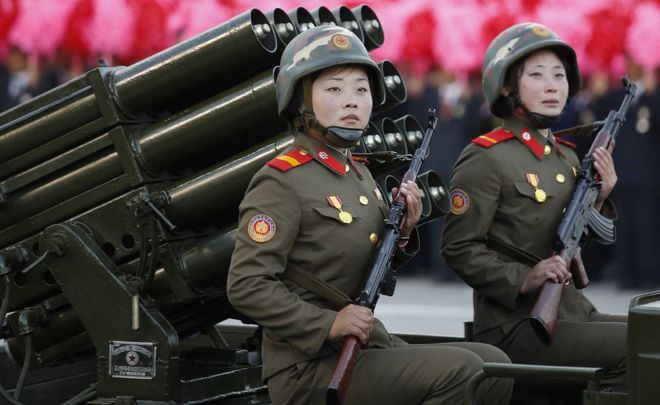 Soldiers pictured during the military parade for the 70th anniversary of the founding Workers' Party, Pyongyang, North Korea - Saturday 10 October 2015