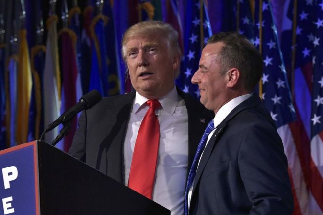Donald Trump (L) gives a speech next to Reince Priebus on election night in New York, 9 November