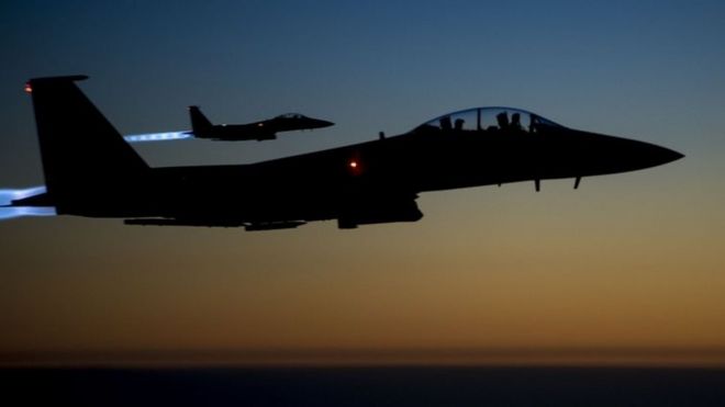 Two US Air Force F-15E Strike Eagles fly over northern Iraq after conducting air strikes in Syria. Photo: September 2014