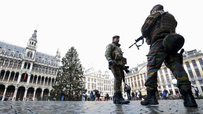 Soldiers patrolling Brussels's main square on Sunday
