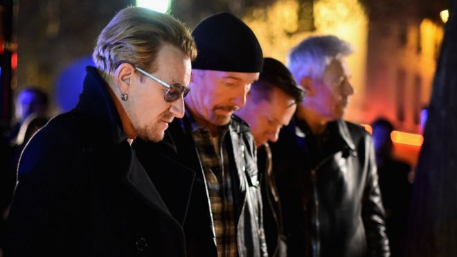 U2 outside the Bataclan concert hall in Paris