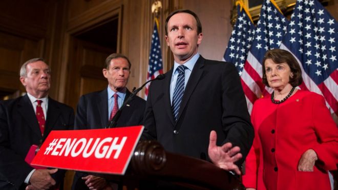 US Democratic Senator from Connecticut Chris Murphy (C) speaks to the media after a series of procedural votes on gun legislation in the US Capitol in Washington, DC, USA, 20 June 2016.