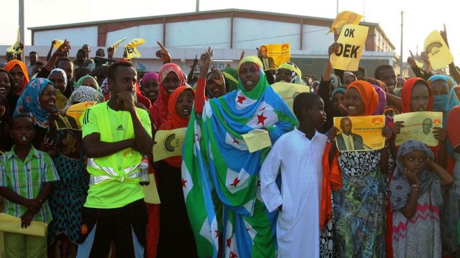 Supporters of the Union for National Salvation (USN) party at a rally for their candidate at the municipal stadium in Djibouti