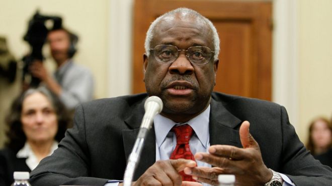 US Supreme Court Justice Clarence Thomas testifies during a hearing before the Financial Services and General Government Subcommittee of the House Appropriations Committee 15 April 2010 on Capitol Hill in Washington, DC.