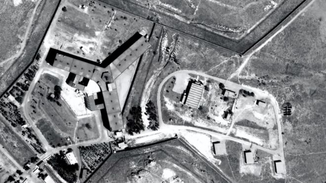 Undated aerial photograph of Saydnaya prison, north of Damascus, Syria