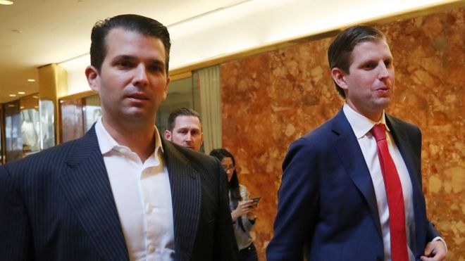 Donald Trump's sons Donald Trump Jr. (L), and Eric Trump, walk in Trump Tower on November 14, 2016 in New York City