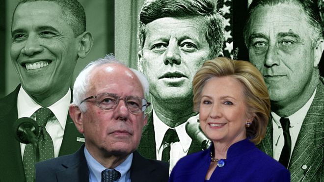 Composite image of Bernie Sanders and Hillary Clinton with Barack Obama, John F Kennedy and Franklin D Roosevelt