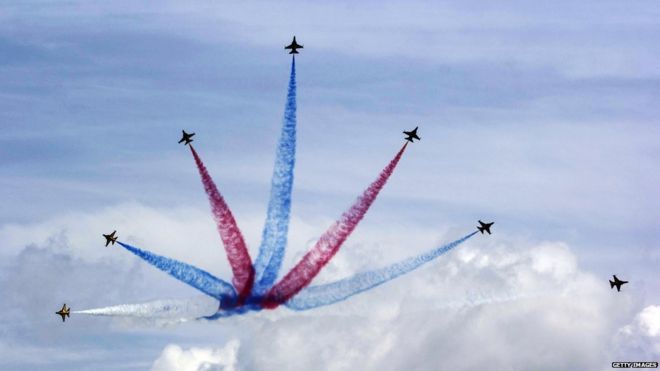 South Korea Air Force Black Eagles aerobatic team performs during the Singapore Airshow