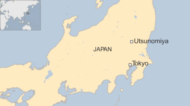 A map showing Utsunomiya, north of Tokyo, in Japan