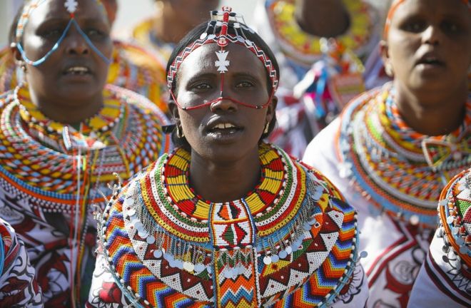 Kenya's Maasai women dance as they welcome UN Secretary-General Antonio Guterres at an event to celebrate the International Women's Day in Nairobi.