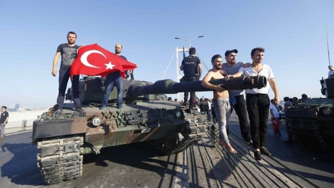 Men pose with a military tank on Bosphorus Bridge