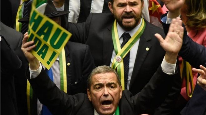 Brazilian lawmakers cheer in parliament. Photo: 17 April 2016