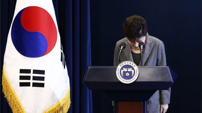 A file picture dated 29 November 2016 shows South Korean President Park Geun-Hye bowing during an address to the nation amid increasing calls for her resignation over a corruption scandal engulfing her presidency,