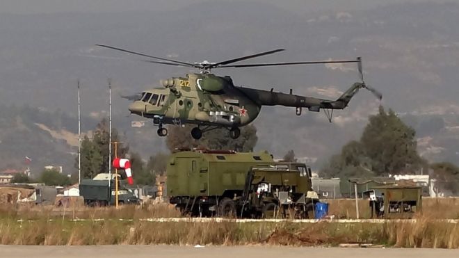 Russian Mil Mi-8AMTSh military helicopter (rotorcraft) is seen taking off at the Russian Hmeimim military base in Latakia province, in the northwest of Syria, on February 16, 2016.