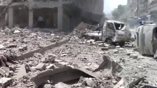 Footage uploaded by activists of the aftermath of the strikes