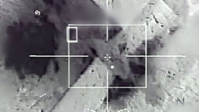 A screen grab taken from a video released by the French army shows French army Rafale fighter jets and Mirage 2000 fighter jets bombing a series of IS sites in Raqqa, Syria
