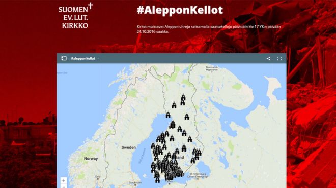 A map on the Evangelical Lutheran Church of Finland's website showing which churches are taking part