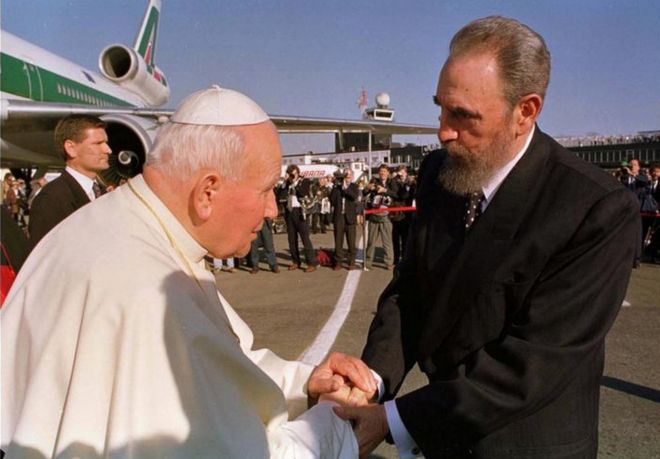 Castro, right, greets Pope John Paul II at the Jose Marti Airport on January 21, 1998. The visit was long-delayed and much anticipated.