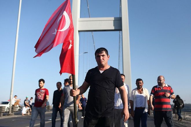 People gather on Istanbul's Bosphorus Bridge in Istanbul