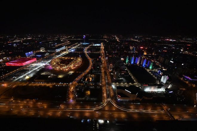 Aerial view of New Year's Eve from a police helicopter which is used to patrol in air to guarantee a safe Spring Festival on Festival on 7 February 2016 in Beijing, China