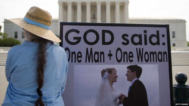 Protester in front of US Supreme Court with placard reading: "God said: One Man + One Woman"