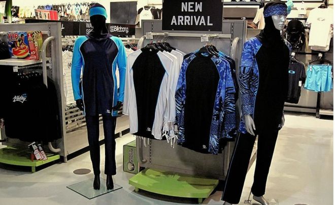 The Islamic full-length swimming suit known as burkini is displayed on mannequins at a sports store in Dubai on August 23, 2009