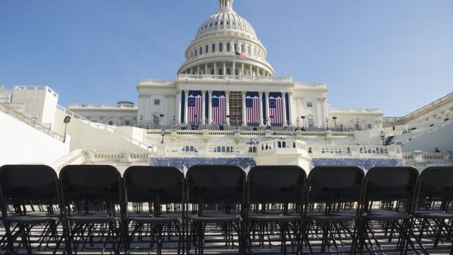 The West side of the US Capitol is seen during a rehearsal for the inauguration of President-elect Donald Trump in Washington, DC.