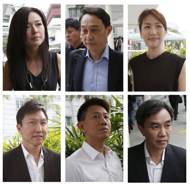 A combination photo shows the City Harvest Church accused (top-left to bottom-right): Serina Wee, Chew Eng Han, Sharon Tan, Kong Hee, Tan Ye Peng and John Lam