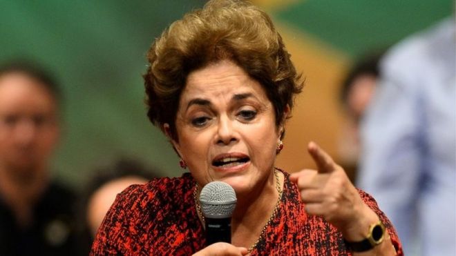Brazilian suspended President Dilma Rousseff speaks during a Workers" Party rally in Brasilia on August 24, 2016.