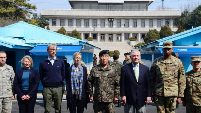 US Secretary of State Rex Tillerson (C-R) poses for photos with South Korean and US officials during his visit to Panmunjom, the truce village near the inter-Korean border, South Korea, 17 March 2017. T