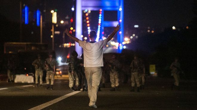 A man approaching the military on the Bosphorus Bridge