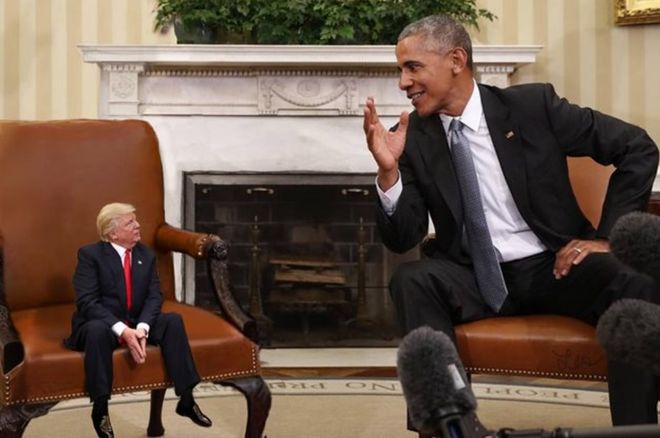 Doctored image showing Trump as so tiny his feet dangle from his chair, listening to a regular-sized Barack Obama