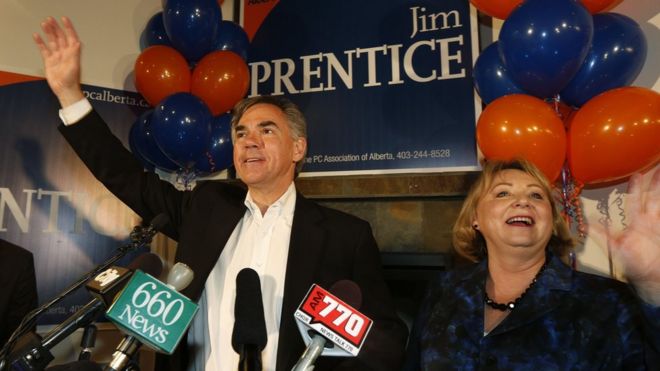 Jim Prentice and his wife address supporters after his 2014 victory