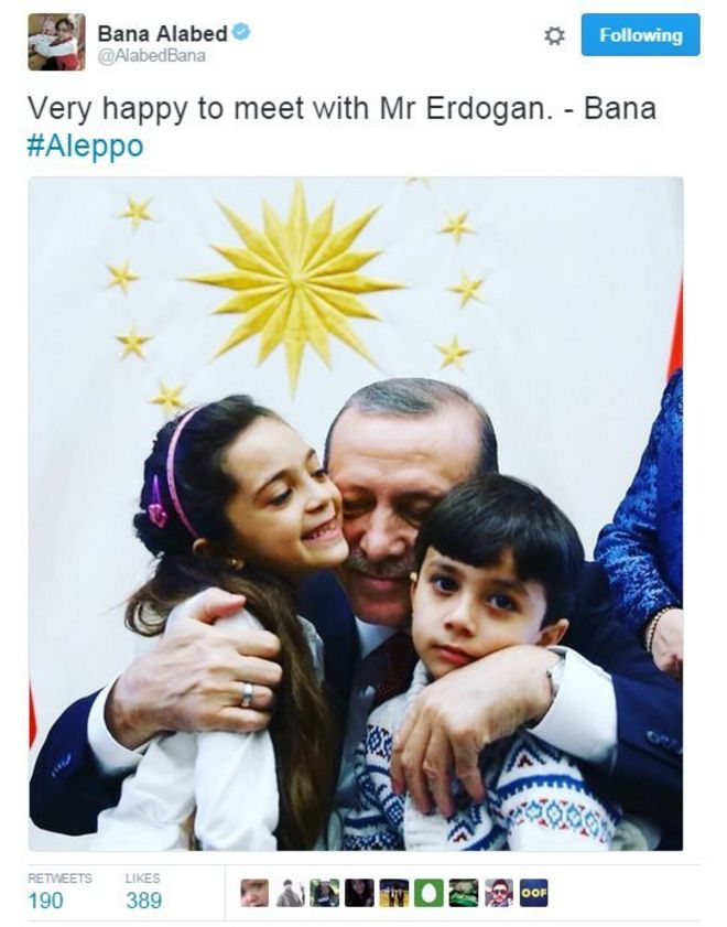 A tweet from Bana saying: "Very happy to meet with Mr Erdogan"