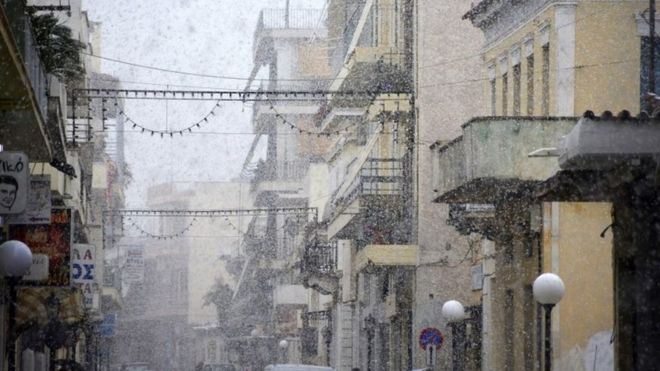 Snow falling on the Greek island of Argos, 7 January 2017
