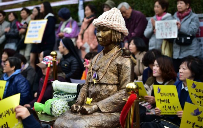 Protestors sit next to a statue (C) of a South Korean teenage girl in traditional costume called the 'peace monument' for former 'comfort women' who served as sex slaves for Japanese soldiers during World War Two, during a weekly anti-Japanese demonstration near the Japanese embassy in Seoul on 11 November 2015.