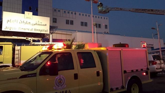 Saudi emergency services at the scene of a hospital blaze