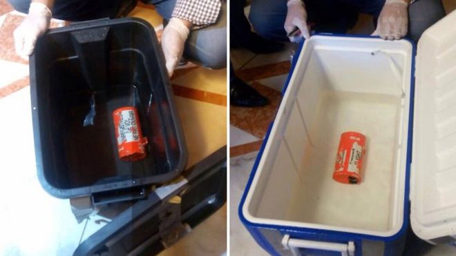 A composite picture made of file handout photographs released on 17 June 2016 by Egyptian Civil Aviation Ministry showing one of the two black boxes from the EgyptAir plane that crashed in the Mediterranean after the two devices were retrieved.