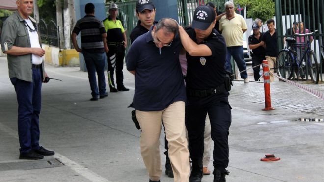 Admiral Atilla Demirhan, front, and a group of military personnel are detained in Mersin, Turkey, Tuesday, July 19, 2016.