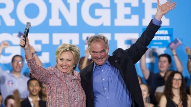 US Democratic Presidential candidate Hillary Clinton and US Senator Tim Kaine during a campaign rally in Virginia.