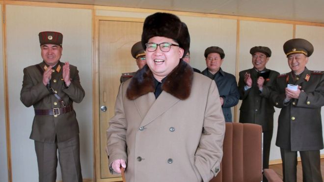North Korean leader Kim Jong Un smiles as he watches the test of a new type of anti-air guided weapon system in this undated file photo released by North Korea"s Korean Central News Agency (KCNA) on April 2, 2016