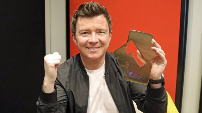Rick Astley with his Official Albums Chart Number 1 Award