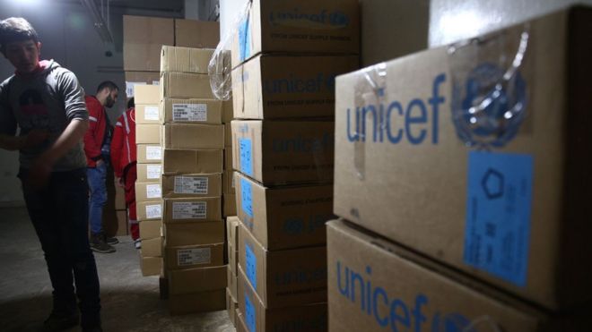 Unicef aid boxes at a warehouse in Kafr Batna, a rebel-held suburb of Damascus (23 February 2016)