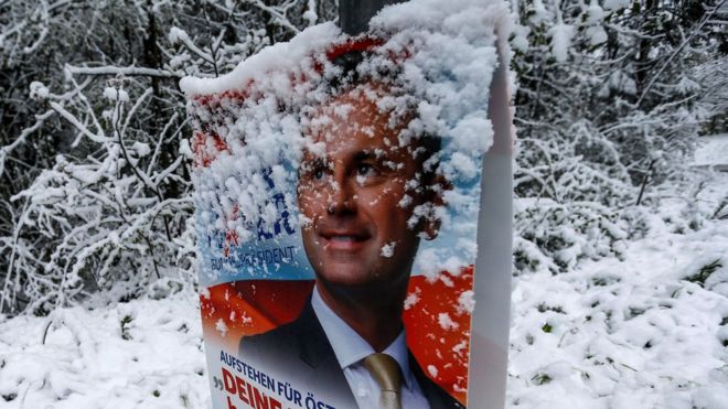 A banner of Austrian presidential candidate Norbert Hofer is covered with snow in Gnadenwald, Austria, April 27, 2016.