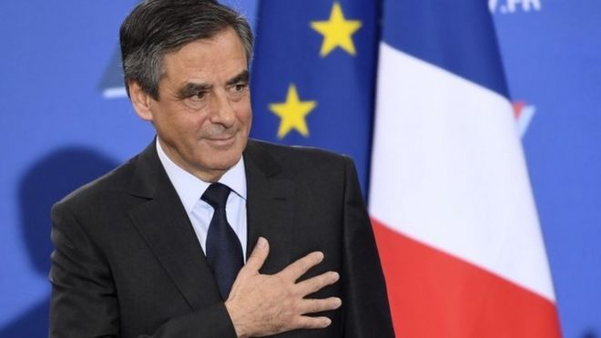 Francois Fillon greets supporters after results of run-off are known, on 27 November 2016