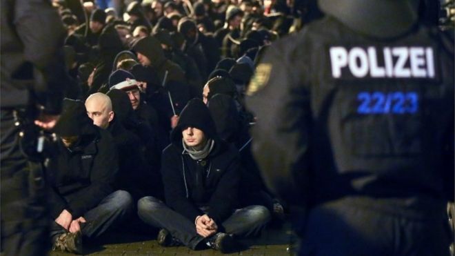 About 250 hooligans are encircled by the local police after riots following a demonstration of Leipzig's Europeans against the Islamisation of the West (LEGIDA), a group linked with the PEGIDA movement, in Leipzig, eastern Germany, Monday, 11 January 2016