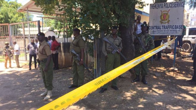Security forces patrol scene in Mombasa where three women were killed after trying to stage an attack at the main police station