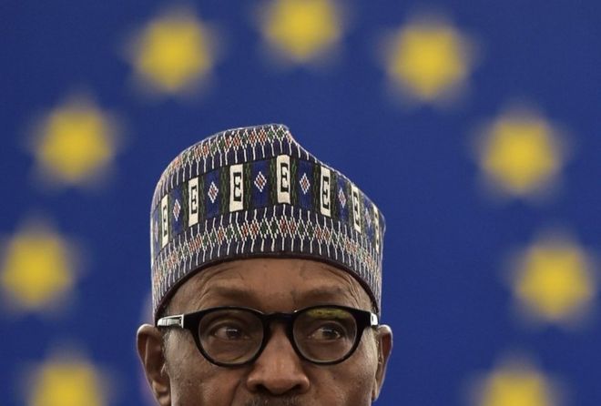 Nigerian President Muhammadu Buhari speaks during a plenary assembly at the European Parliament, in Strasbourg
